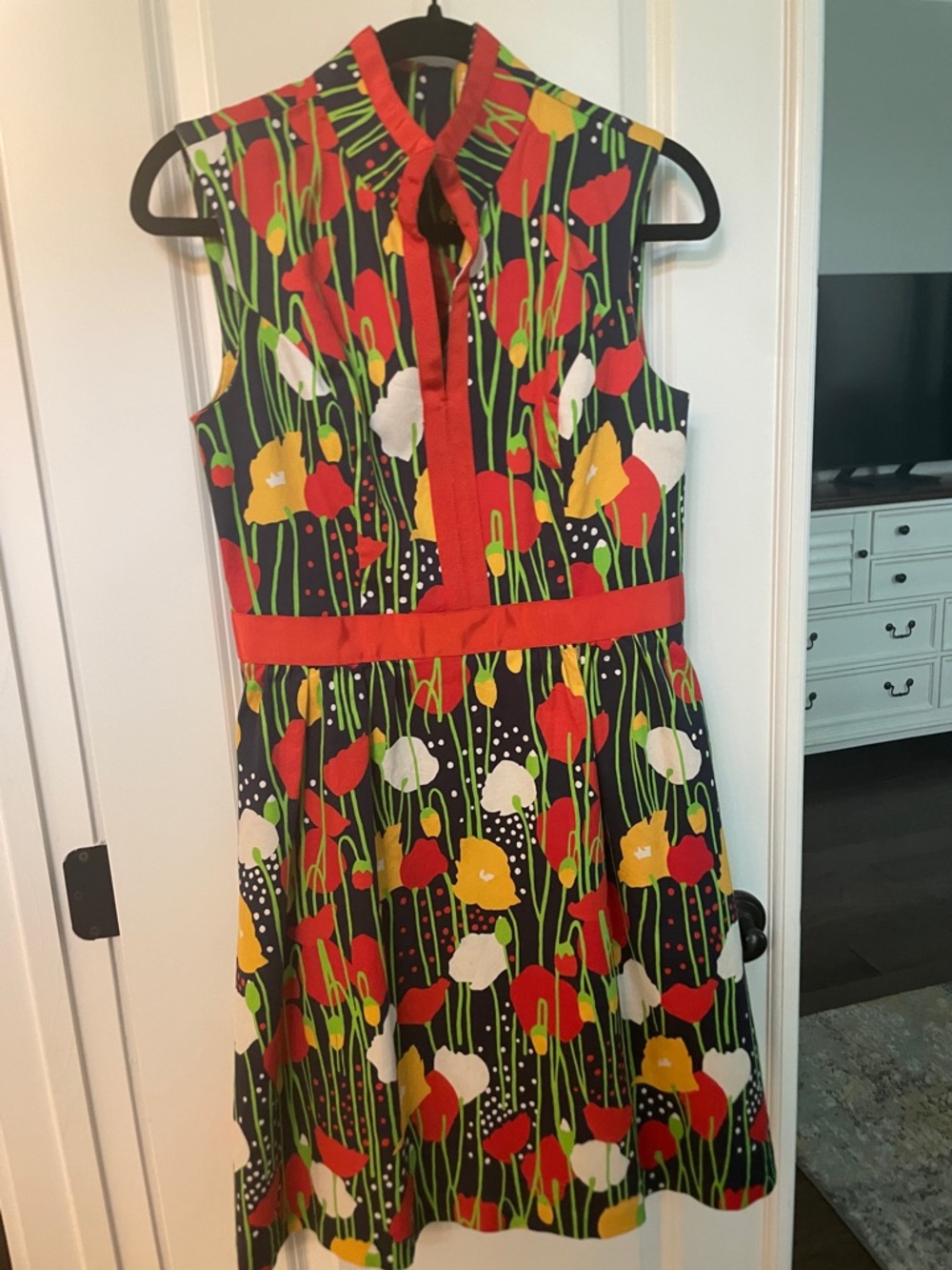 Elizabeth McKay Black Floral Sleeveless Midi Dress with Red Trim
